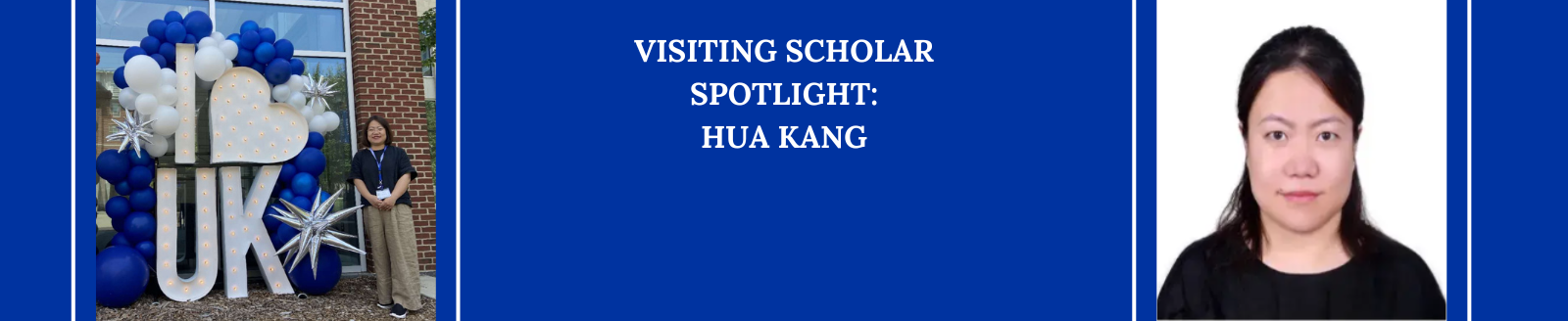 royal blue background with professional and fun photos of hua kang