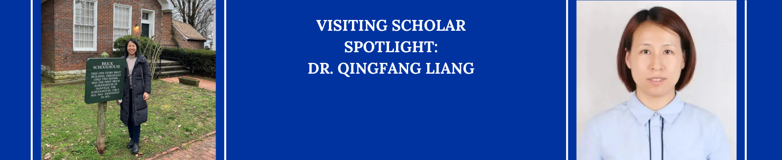 royal blue background with professional and fun photos of Qingfang Liang