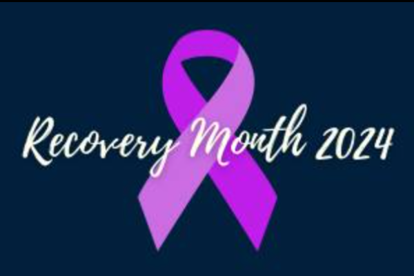 Recovery Month 2024 on Navy background with purple ribbon