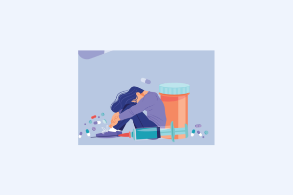 cartoon of woman in blue with pills around her