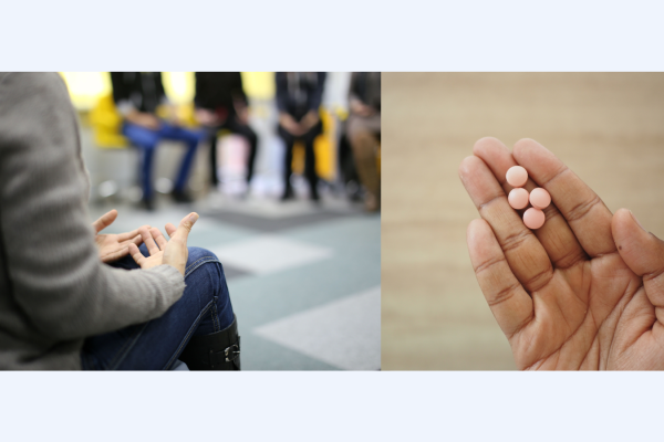 image of people sitting in chairs in a circle and another image of hand with pills