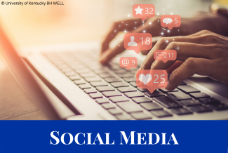 hands typing on keyboard with social media icons