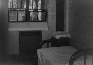 black and white photo of hospital bed