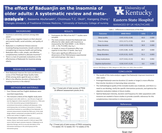 The effect of Baduanjin on the insomnia of older adults: A systematic review and meta-analysis  Qingfang Liang, Chizimuzo Okoli and Xiangeng Zhang 