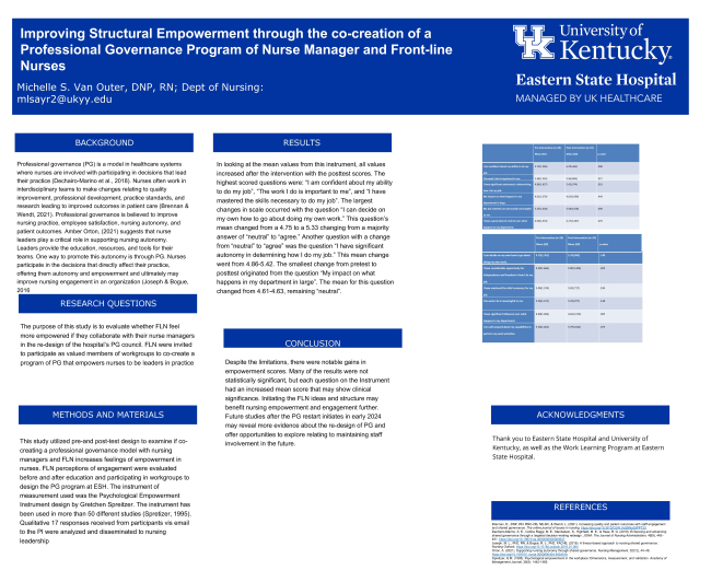 Improving Structural Empowerment Through the Co-creation of a Professional Governance Program of Nurse Managers and  Front-line Nurses Michelle Van Outer 