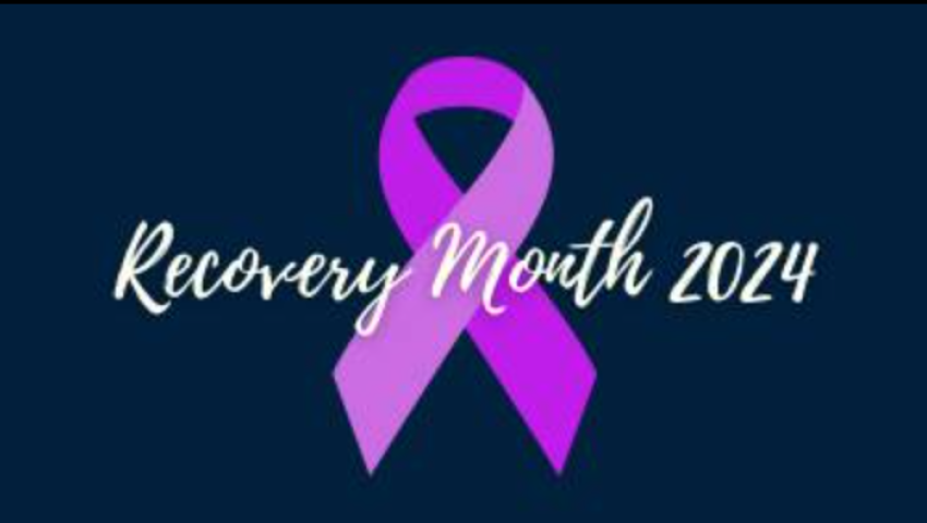 Recovery Month 2024 on Navy background with purple ribbon