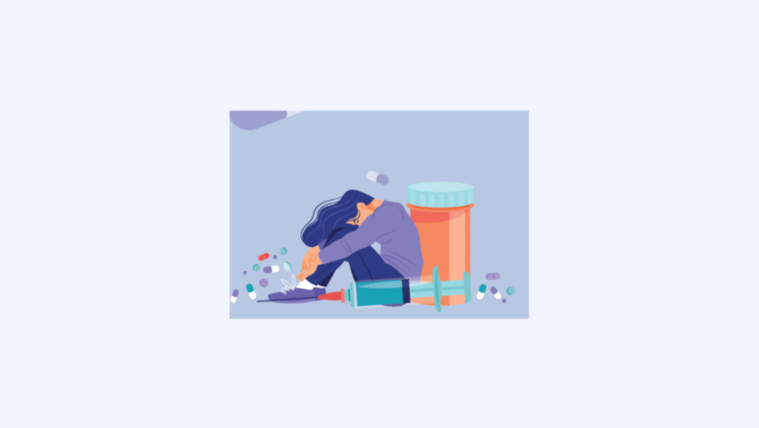 cartoon of woman in blue with pills around her